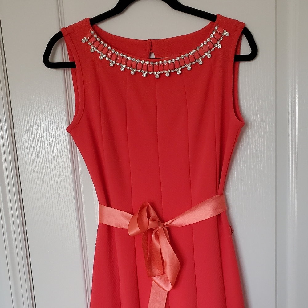 Haani coral flared dress with sash